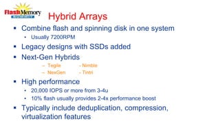 Hybrid Arrays
 Combine flash and spinning disk in one system
• Usually 7200RPM
 Legacy designs with SSDs added
 Next-Gen Hybrids
– Tegile - Nimble
– NexGen - Tintri
 High performance
• 20,000 IOPS or more from 3-4u
• 10% flash usually provides 2-4x performance boost
 Typically include deduplication, compression,
virtualization features
 