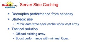 Server Side Caching
 Decouples performance from capacity
 Strategic use
• Pernix data write back cache w/low cost array
 Tactical solution
• Offload existing array
• Boost performance with minimal Opex
 