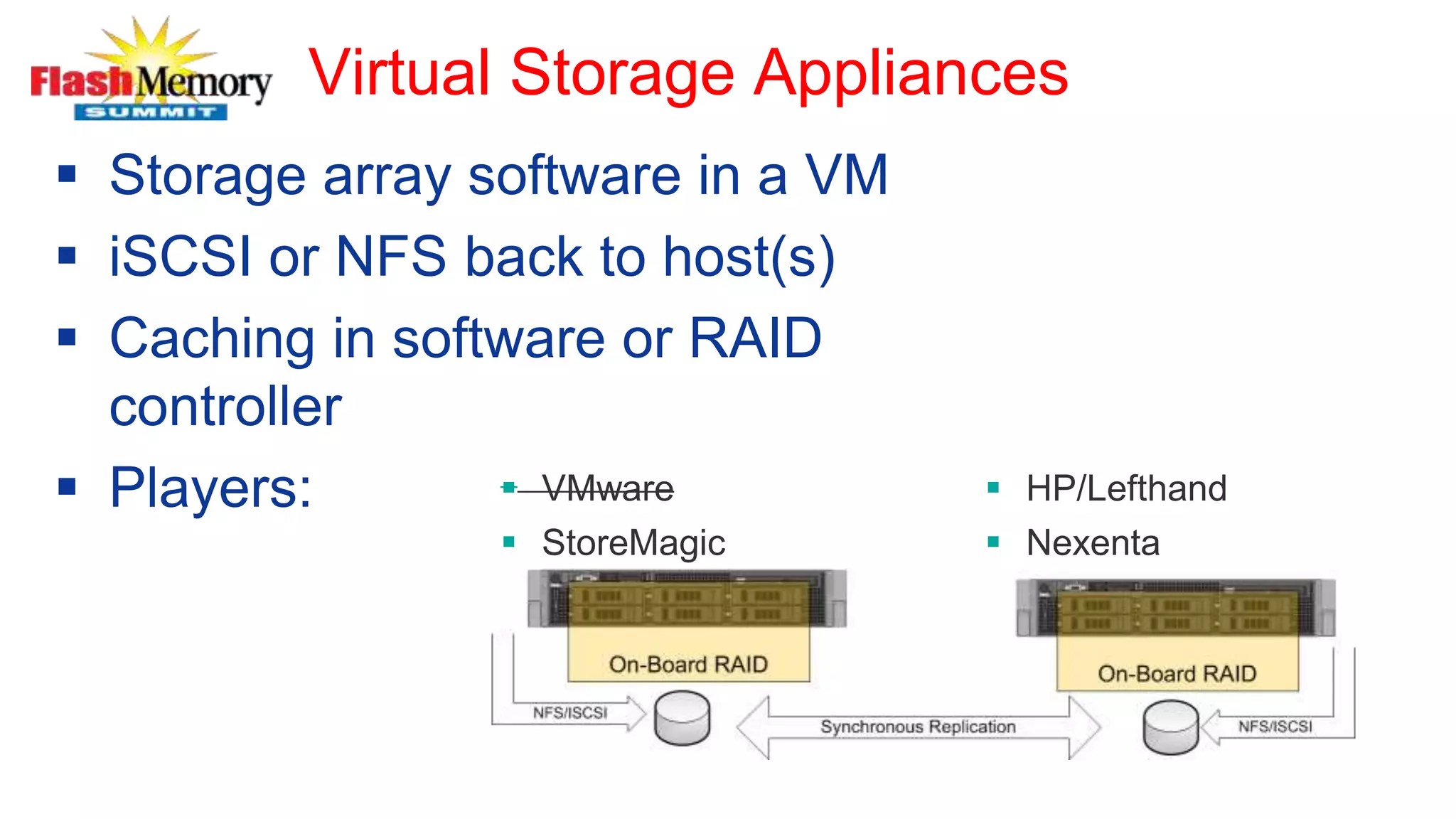 Virtual Storage Appliances
 Storage array software in a VM
 iSCSI or NFS back to host(s)
 Caching in software or RAID
controller
 Players:  VMware
 StoreMagic
 HP/Lefthand
 Nexenta
 