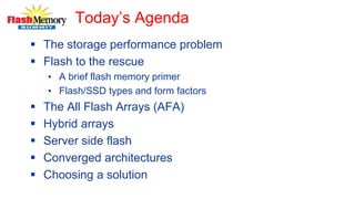 Today’s Agenda
 The storage performance problem
 Flash to the rescue
• A brief flash memory primer
• Flash/SSD types and form factors
 The All Flash Arrays (AFA)
 Hybrid arrays
 Server side flash
 Converged architectures
 Choosing a solution
 