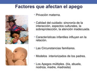 Factores que afectan el apego
• Privación materna.
• Calidad del cuidado: sincronía de la
interacción, aspectos culturales, la
sobreprotección, la atención inadecuada.
• Características infantiles influyen en la
relación.
• Las Circunstancias familiares.
• Modelos interiorizados de los padres.
• Los Apegos múltiples. (tía, abuela,
nodriza, madre, madrasta)
 
