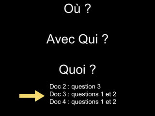 Où ?
Avec Qui ?
Quoi ?
Doc 2 : question 3
Doc 3 : questions 1 et 2
Doc 4 : questions 1 et 2
 