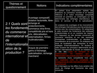 Thèmes et
questionnement
Notions Indications complémentaires
Avantage comparatif,
dotation factorielle, libre-
échange et
protectionnisme,
commerce intra-firme,
compétitivité prix et hors
prix, délocalisation,
externalisation, firmes
multinationales..
--------------------------
Acquis de première :
gains à l'échange,
spécialisation, échange
marchand
En partant d'une présentation stylisée des
évolutions du commerce mondial et en faisant
référence à la notion d'avantage comparatif
introduite en première, on s'interrogera sur les
déterminants des échanges internationaux de
biens et services et de la spécialisation.
On analysera les avantages et les inconvénients
des échanges internationaux pour les producteurs
comme pour les consommateurs. On présentera
à cette occasion les fondements des politiques
protectionnistes et on en montrera les risques.
En s'appuyant sur des données concernant le
commerce intra-firme et sur des exemples
d'entreprises multinationales, on abordera la
mondialisation de la production. On analysera les
choix de localisation des entreprises et leurs
stratégies d'internationalisation. On étudiera à
cette occasion les principaux déterminants de la
division internationale du travail, en insistant sur
le rôle des coûts de transport et de
communication. On montrera que la
différenciation des produits peut être à l'origine et
la recherche d'une compétitivité hors prix.
On explicitera enfin la complexité des
conséquences de cette internationalisation sur les
pays d’accueil.
On s’interrogera sur les effets d’une variation des
cours de change sur l’économie des pays
concernés.
2.1 Quels sont
les fondements
du commerce
international et
de
l'internationalis
ation de la
production ?
 