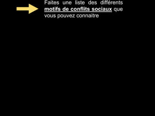 Faites une liste des différents
motifs de conflits sociaux que
vous pouvez connaitre
 