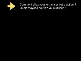 Comment allez vous organiser votre action ?
Quels moyens pouvez vous utiliser ?
 