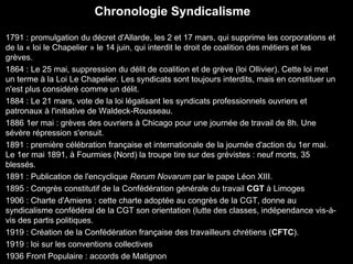 Chronologie Syndicalisme
1791 : promulgation du décret d'Allarde, les 2 et 17 mars, qui supprime les corporations et
de la « loi le Chapelier » le 14 juin, qui interdit le droit de coalition des métiers et les
grèves.
1864 : Le 25 mai, suppression du délit de coalition et de grève (loi Ollivier). Cette loi met
un terme à la Loi Le Chapelier. Les syndicats sont toujours interdits, mais en constituer un
n'est plus considéré comme un délit.
1884 : Le 21 mars, vote de la loi légalisant les syndicats professionnels ouvriers et
patronaux à l'initiative de Waldeck-Rousseau.
1886 1er mai : grèves des ouvriers à Chicago pour une journée de travail de 8h. Une
sévère répression s'ensuit.
1891 : première célébration française et internationale de la journée d'action du 1er mai.
Le 1er mai 1891, à Fourmies (Nord) la troupe tire sur des grévistes : neuf morts, 35
blessés.
1891 : Publication de l'encyclique Rerum Novarum par le pape Léon XIII.
1895 : Congrès constitutif de la Confédération générale du travail CGT à Limoges
1906 : Charte d'Amiens : cette charte adoptée au congrès de la CGT, donne au
syndicalisme confédéral de la CGT son orientation (lutte des classes, indépendance vis-à-
vis des partis politiques.
1919 : Création de la Confédération française des travailleurs chrétiens (CFTC).
1919 : loi sur les conventions collectives
1936 Front Populaire : accords de Matignon
 