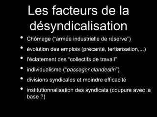 Les facteurs de la
désyndicalisation
• Chômage (“armée industrielle de réserve”)
• évolution des emplois (précarité, tertiarisation,...)
• l'éclatement des “collectifs de travail”
• individualisme (“passager clandestin”)
• divisions syndicales et moindre efficacité
• institutionnalisation des syndicats (coupure avec la
base ?)
 