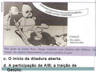 c. O início da ditadura aberta.
d. A participação da AIB; a traição de
Getúlio.
 