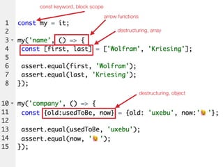 const keyword, block scope
destructuring, array
arrow functions
destructuring, object
 