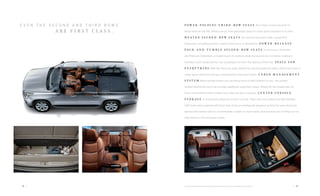 E V E N T H E S E C O N D A N D T H I R D R O W S
A R E F I R S T C L A S S .
14 | 1. Cargo and load capacity limited by weight and distribution. 2. Not compatible with all devices.
P O W E R - F O L D I N G T H I R D - R O W S E A T S All it takes is mere seconds for
these seats to fold flat, letting you go from passenger space to cargo space and back in no time.
H E A T E D S E C O N D - R O W S E A T S Our second-row seats make a great first
impression, providing warmth, comfort and luxury in abundance. P O W E R - R E L E A S E
F O L D - A N D - T U M B L E S E C O N D - R O W S E A T S In the Luxury, Premium
and Platinum Collections, a simple touch of a button sends the second row in motion, making it
infinitely more convenient for rear passengers to enter the spacious third row. S P A C E F O R
E V E R Y T H I N G With the third-row seats folded flat, the Escalade ESV offers 120.9 cubic feet of
cargo space1
and more storage compartments than ever before. C A R G O M A N A G E M E N T
S Y S T E M More storage means you can bring more of what matters to you. The system
located behind the third row provides additional underfloor space. Simply lift the hinged door to
find a compartment that’s hidden from view yet easy to access. C E N T E R C O N S O L E
S T O R A G E A smartphone deserves a smart console. That’s why we created one with multiple
USB2
ports and a layered soft-touch tray. It has an intelligently designed section for your electronic
devices and overall room to accommodate a tablet or small laptop. And because not all things run on
USB, there’s a 110-volt power outlet.
| 15
 