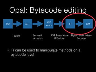Opal: Bytecode editing
• IR can be used to manipulate methods on a
bytecode level
Text AST
AST
+vars
IR CM
Parser Semantic
Analysis
AST Translator+
IRBuilder
BytecodeBuilder+
Encoder
 