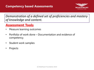(C) Wadhwani Foundation 2014
Competency based Assessments
Demonstration of a defined set of proficiencies and mastery
of knowledge and content.
Assessment Tools
• Measure learning outcomes
• Portfolio of work done – Documentation and evidence of
competency.
• Student work samples
• Projects
 