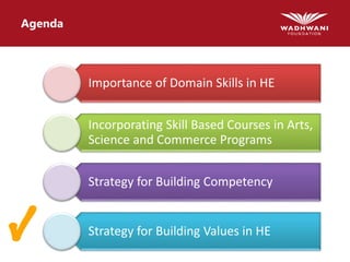 Agenda
Importance of Domain Skills in HE
Incorporating Skill Based Courses in Arts,
Science and Commerce Programs
Strategy for Building Competency
Strategy for Building Values in HE
 