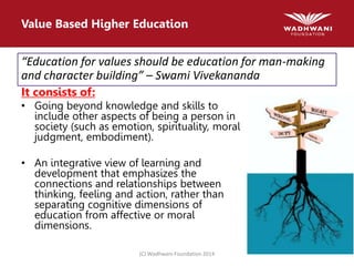 (C) Wadhwani Foundation 2014
Value Based Higher Education
“Education for values should be education for man-making
and character building” – Swami Vivekananda
It consists of:
• Going beyond knowledge and skills to
include other aspects of being a person in
society (such as emotion, spirituality, moral
judgment, embodiment).
• An integrative view of learning and
development that emphasizes the
connections and relationships between
thinking, feeling and action, rather than
separating cognitive dimensions of
education from affective or moral
dimensions.
 