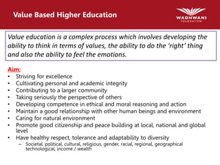 Value Based Higher Education
Value education is a complex process which involves developing the
ability to think in terms of values, the ability to do the ‘right’ thing
and also the ability to feel the emotions.
Aim:
• Striving for excellence
• Cultivating personal and academic integrity
• Contributing to a larger community
• Taking seriously the perspective of others
• Developing competence in ethical and moral reasoning and action
• Maintain a good relationship with other human beings and environment
• Caring for natural environment
• Promote good citizenship and peace building at local, national and global
level
• Have healthy respect, tolerance and adaptability to diversity
– Societal, political, cultural, religious, gender, racial, regional, geographical
technological, income / wealth
 