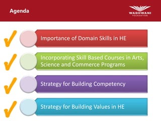 Agenda
Importance of Domain Skills in HE
Incorporating Skill Based Courses in Arts,
Science and Commerce Programs
Strategy for Building Competency
Strategy for Building Values in HE
 
