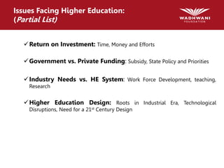 Issues Facing Higher Education:
(Partial List)
Return on Investment: Time, Money and Efforts
Government vs. Private Funding: Subsidy, State Policy and Priorities
Industry Needs vs. HE System: Work Force Development, teaching,
Research
Higher Education Design: Roots in Industrial Era, Technological
Disruptions, Need for a 21st Century Design
 