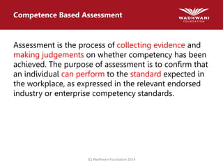 (C) Wadhwani Foundation 2014
Competence Based Assessment
Assessment is the process of collecting evidence and
making judgements on whether competency has been
achieved. The purpose of assessment is to confirm that
an individual can perform to the standard expected in
the workplace, as expressed in the relevant endorsed
industry or enterprise competency standards.
 