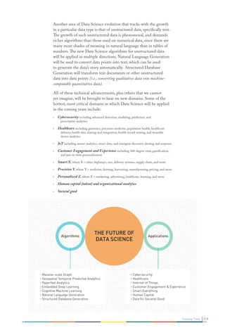 Another area of Data Science evolution that tracks with the growth
in a particular data type is that of unstructured data, specifically text.
The growth of such unstructured data is phenomenal, and demands
richer algorithms than those used on numerical data, since there are
many more shades of meaning in natural language than in tables of
numbers. The new Data Science algorithms for unstructured data
will be applied in multiple directions. Natural Language Generation
will be used to convert data points into text, which can be used
to generate the data’s story automatically. Structured Database
Generation will transform text documents or other unstructured
data into data points (i.e., converting qualitative data into machine-
computable quantitative data).
All of these technical advancements, plus others that we cannot
yet imagine, will be brought to bear on new domains. Some of the
hottest, most critical domains in which Data Science will be applied
in the coming years include:
›› Cybersecurity including advanced detection, modeling, prediction, and
prescriptive analytics
›› Healthcare including genomics, precision medicine, population health, healthcare
delivery, health data sharing and integration, health record mining, and wearable
device analytics
›› IoT including sensor analytics, smart data, and emergent discovery alerting and response
›› Customer Engagement and Experience including 360-degree view, gamification,
and just-in-time personalization
›› Smart X, where X = cities, highways, cars, delivery systems, supply chain, and more
›› Precision Y, where Y = medicine, farming, harvesting, manufacturing, pricing, and more
›› Personalized Z, where Z = marketing, advertising, healthcare, learning, and more
›› Human capital (talent) and organizational analytics
›› Societal good
THE FUTURE OF
DATA SCIENCE
Algorithms Applications
› Massive-scale Graph
› Geospatial Temporal Predictive Analytics
› Hyperfast Analytics
› Embedded Deep Learning
› Cognitive Machine Learning
› Natural Language Generation
› Structured Database Generation
› Cybersecurity
› Healthcare
› Internet of Things
› Customer Engagement  Experience
› Smart Everything
› Human Capital
› Data for Societal Good
117Closing Time
 