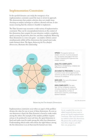 SPEED: The speed at which an
analytic outcome must be produced
(e.g., near real-time, hourly, daily) or the time
it takes to develop and implement the
analytic solution
ANALYTIC COMPLEXITY:
Algorithmic complexity (e.g., complexity class
and execution resources)
ACCURACY  PRECISION: The ability
to produce exact versus approximate
solutions as well as the ability to provide a
measure of conﬁdence
DATA SIZE: The size of the dataset
(e.g., number of rows)
DATA COMPLEXITY: The data
type, formal complexity measures
including measures of overlap and
linear separability, number of
dimensions /columns, and linkages
between datasets
SPEED
ANALYTIC
COMPLEXITY
DATA
COMPLEXITY
ACCURACY

PRECISION
DATA SIZE
Implementation Constraints
In the spoofed domains case study, the emergence of an
implementation constraint caused the team to revisit its approach.
This demonstrates that analytic selection does not simply mean
choosing an analytic technique to achieve a desired outcome. It also
means ensuring that the solution is feasible to implement.
The Data Scientist may encounter a wide variety of implementation
constraints.They can be conceptualized, however, in the context of
five dimensions that compete for your attention: analytic complexity,
speed, accuracy  precision, data size, and data complexity. Balancing
these dimensions is a zero sum game - an analytic solution cannot
simultaneously exhibit all five dimensions, but instead must make
trades between them.The figure, Balancing the Five Analytic
Dimensions, illustrates this relationship.
Implementation constraints occur when an aspect of the problem
dictates the value for one or more of these dimensions. As soon as
one dimension is fixed, the Data Scientist is forced to make trades
among the others. For example, if the analytic problem requires
actions to be produced in near real-time, the speed dimension is
fixed and trades must be made among the other four dimensions.
Understanding which trades will achieve the right balance among
the five dimensions is an art that must be learned over time.
As we compiled this section, we
talked extensively about ways to
group and classify implementation
constraints. After much discussion
we settled on these five dimensions.
We present this model in hopes
that others weigh in and offer
their own perspectives.
Balancing the Five Analytic Dimensions
Source: Booz Allen Hamilton
69Take off the Training Wheels
 