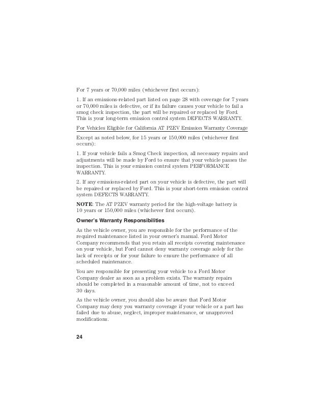 2015 Ford Hybrid Car Electric Vehicle Warranty Information Brochure