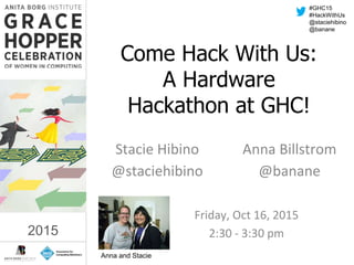 2015
#GHC15
#HackWithUs
@staciehibino
@banane
Come Hack With Us:
A Hardware
Hackathon at GHC!
Stacie Hibino
@staciehibino
#GHC15
#HackWithUs
@staciehibino
@banane
2015
Friday, Oct 16, 2015
2:30 - 3:30 pm
Anna Billstrom
@banane
Anna and Stacie
 