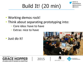 2015
#GHC15
#HackWithUs
@staciehibino
@bananeBuild It! (20 min)
▪ Working demos rock!
▪ Think about separating prototyping...