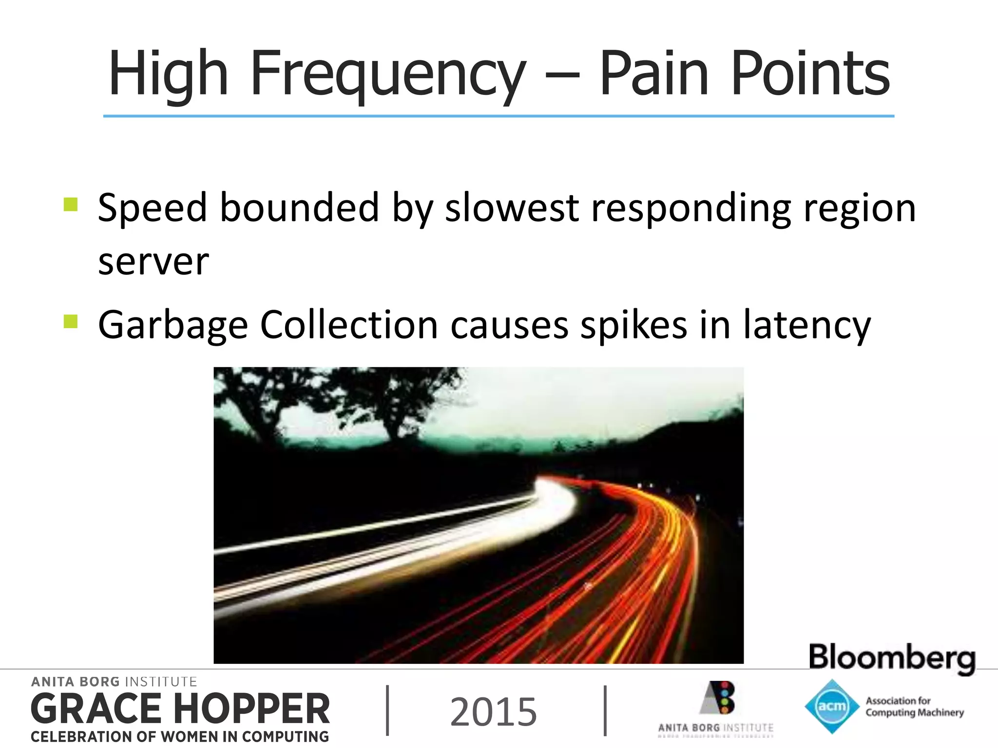 2015
High Frequency – Pain Points
 Speed bounded by slowest responding region
server
 Garbage Collection causes spikes in latency
 