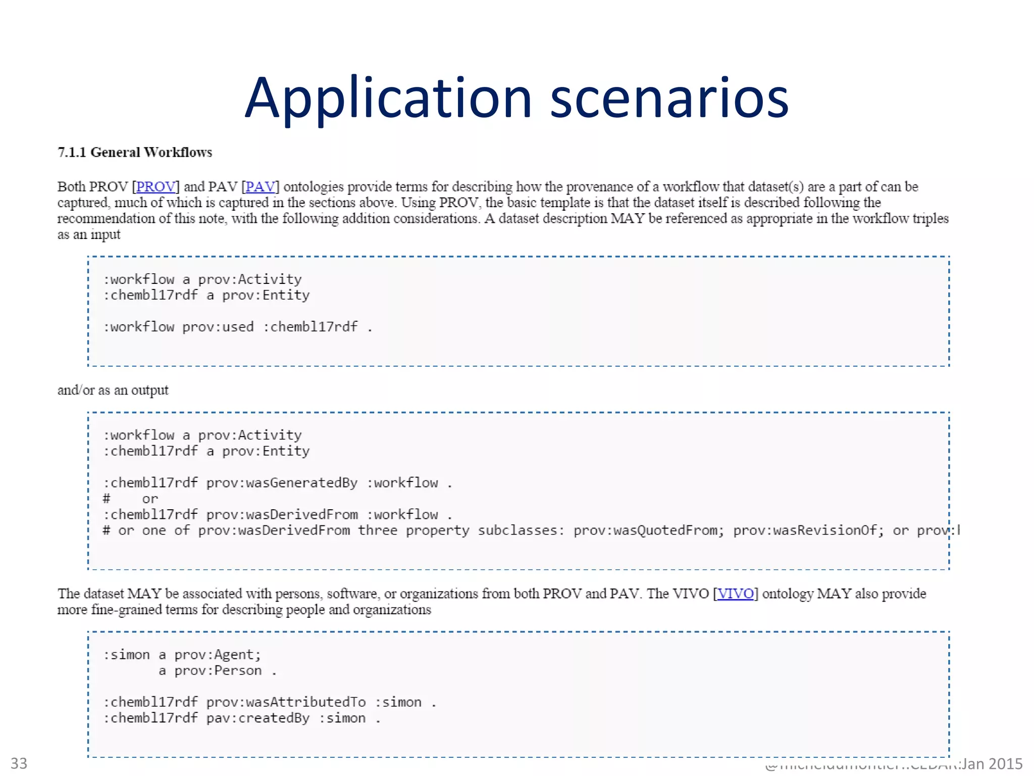 Application scenarios
@micheldumontier::CEDAR:Jan 201533
 