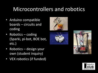 Microcontrollers and robotics
• Arduino compatible
boards – circuits and
coding
• Robotics – coding
(Sparki, pi-bot, BOE bot,
etc.)
• Robotics – design your
own (student inquiry)
• VEX robotics (if funded)
 