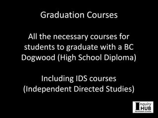 Graduation Courses
All the necessary courses for
students to graduate with a BC
Dogwood (High School Diploma)
Including IDS courses
(Independent Directed Studies)
 