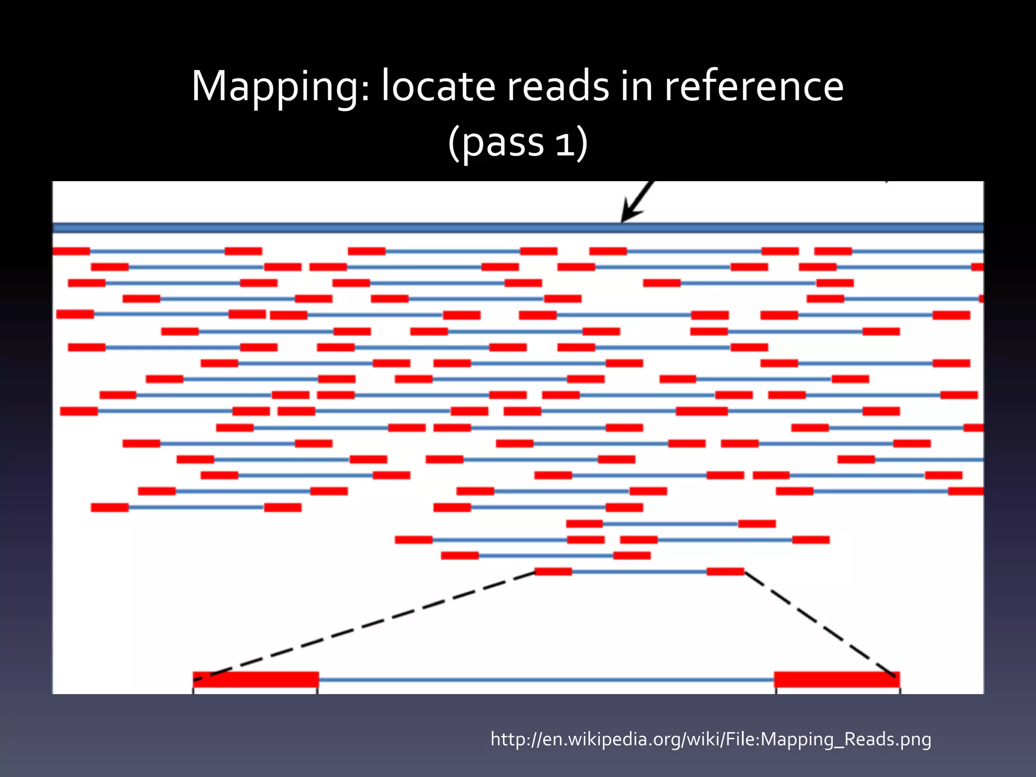 Mapping: locate reads in reference
(pass 1)
http://en.wikipedia.org/wiki/File:Mapping_Reads.png
 