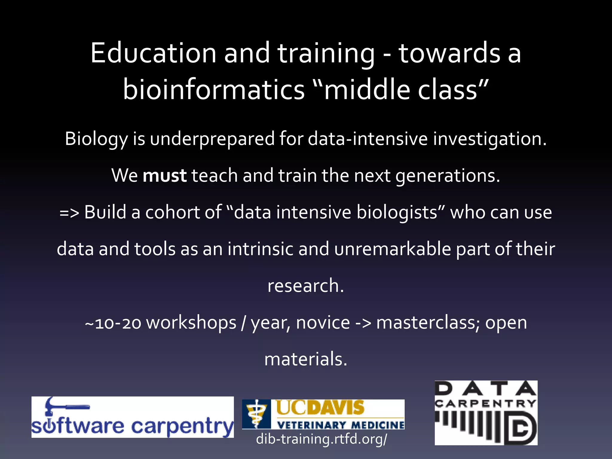 Education and training - towards a
bioinformatics “middle class”
Biology is underprepared for data-intensive investigation.
We must teach and train the next generations.
=> Build a cohort of “data intensive biologists” who can use
data and tools as an intrinsic and unremarkable part of their
research.
~10-20 workshops / year, novice -> masterclass; open
materials.
dib-training.rtfd.org/
 