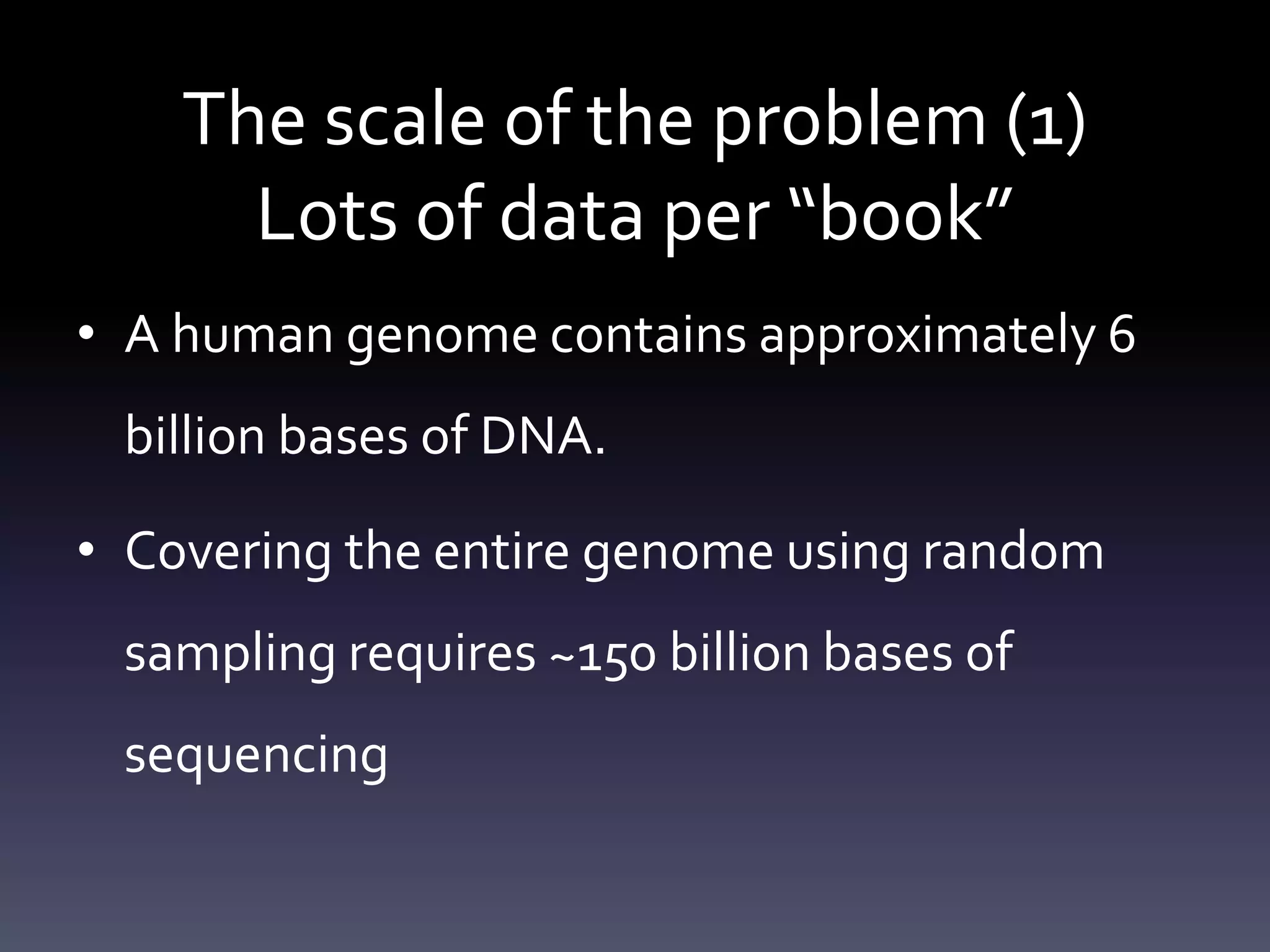 The scale of the problem (1)
Lots of data per “book”
• A human genome contains approximately 6
billion bases of DNA.
• Covering the entire genome using random
sampling requires ~150 billion bases of
sequencing
 