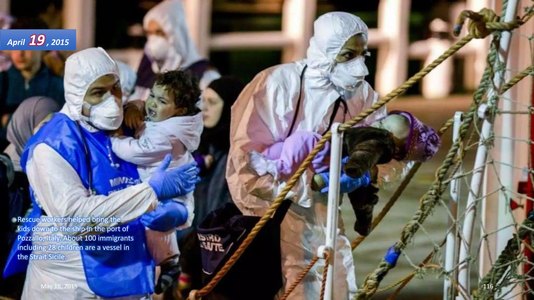 Rescue workers helped bring the
kids down to the ship in the port of
Pozzallo, Italy. About 100 immigrants
including 28 children are a vessel in
the Strait Sicile.
April 19, 2015
May 18, 2015 116
 