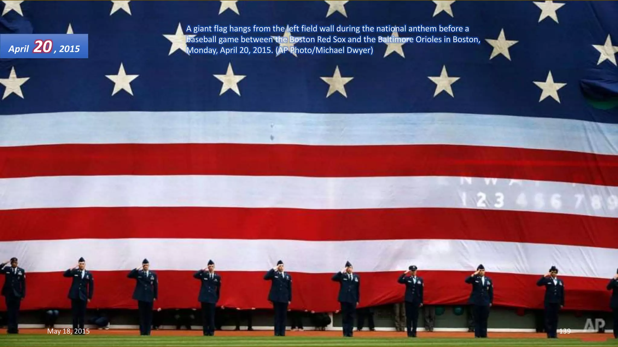 A giant flag hangs from the left field wall during the national anthem before a
baseball game between the Boston Red Sox and the Baltimore Orioles in Boston,
Monday, April 20, 2015. (AP Photo/Michael Dwyer)April 20, 2015
May 18, 2015 139
 