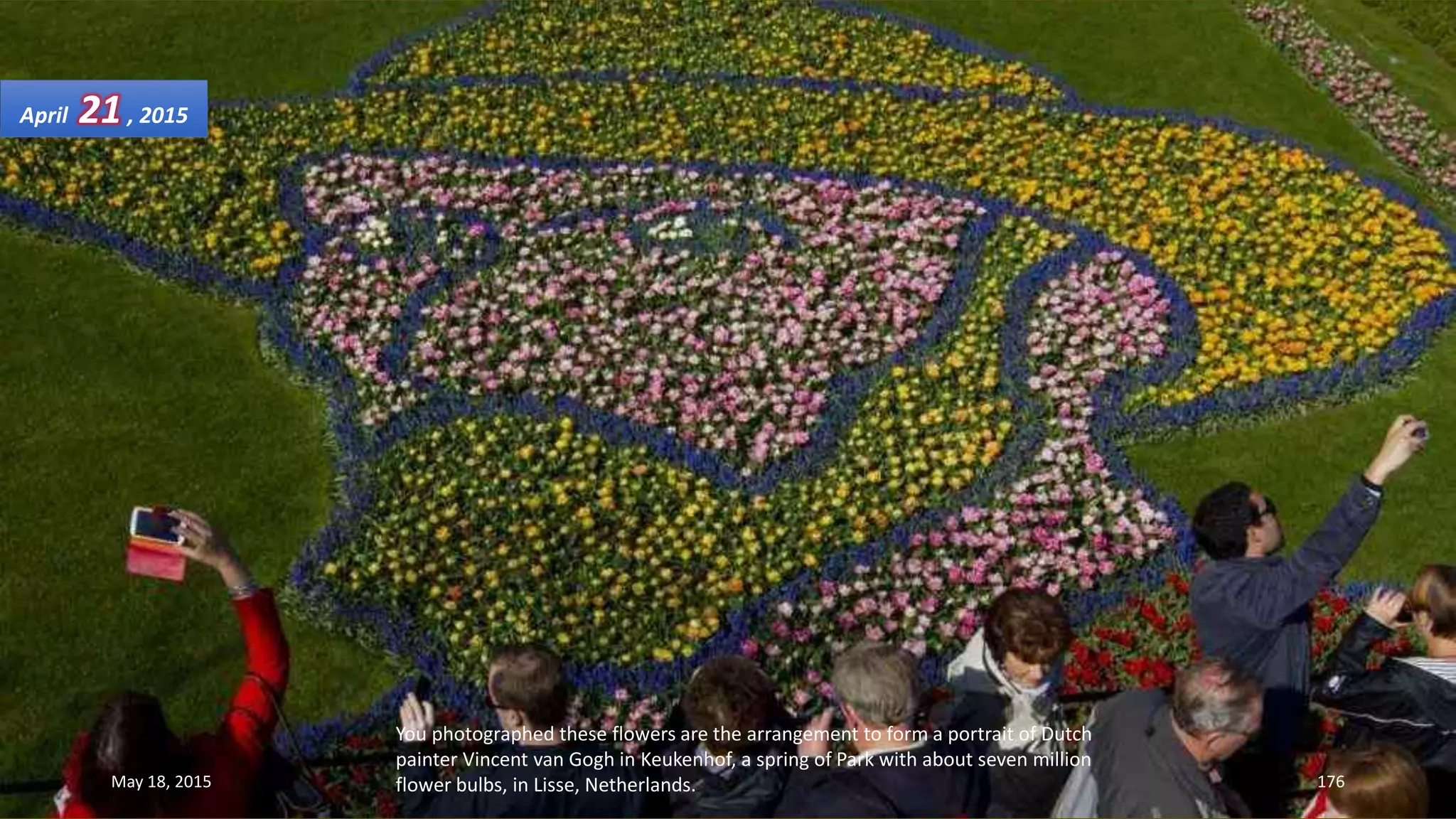 You photographed these flowers are the arrangement to form a portrait of Dutch
painter Vincent van Gogh in Keukenhof, a spring of Park with about seven million
flower bulbs, in Lisse, Netherlands.
April 21, 2015
May 18, 2015 176
 