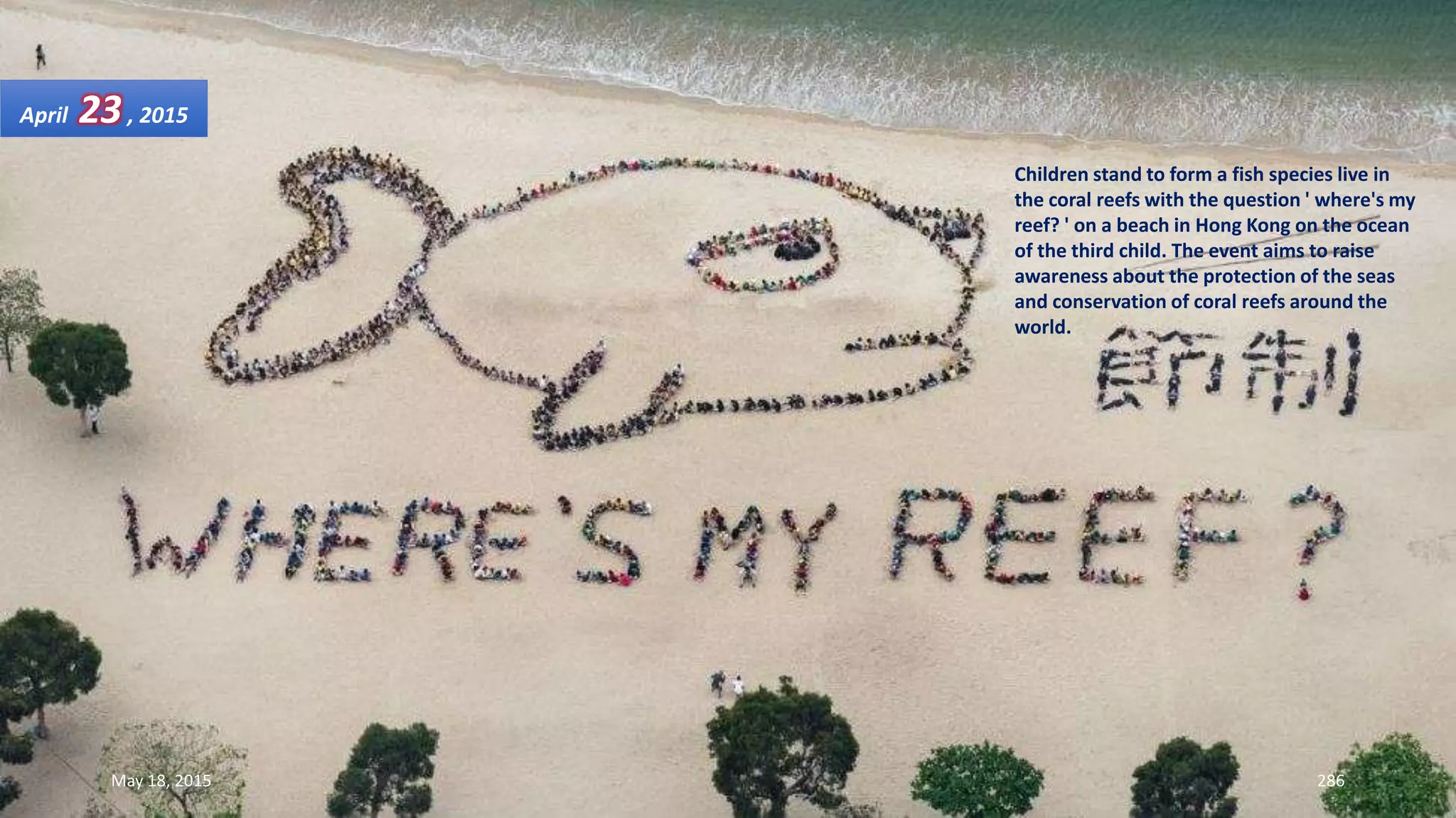 Children stand to form a fish species live in
the coral reefs with the question ' where's my
reef? ' on a beach in Hong Kong on the ocean
of the third child. The event aims to raise
awareness about the protection of the seas
and conservation of coral reefs around the
world.
April 23, 2015
May 18, 2015 286
 