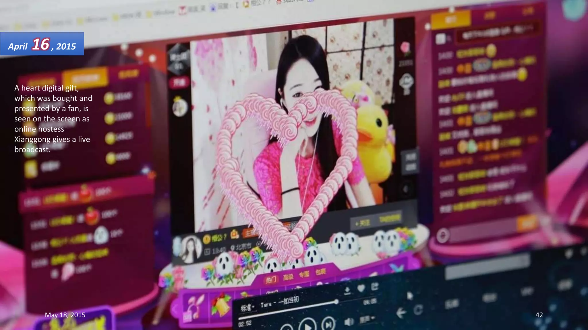 A heart digital gift,
which was bought and
presented by a fan, is
seen on the screen as
online hostess
Xianggong gives a live
broadcast.
April 16, 2015
May 18, 2015 42
 