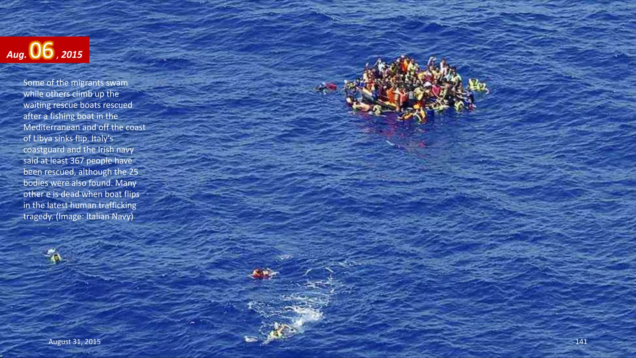 Some of the migrants swam
while others climb up the
waiting rescue boats rescued
after a fishing boat in the
Mediterranean and off the coast
of Libya sinks flip. Italy's
coastguard and the Irish navy
said at least 367 people have
been rescued, although the 25
bodies were also found. Many
other e is dead when boat flips
in the latest human trafficking
tragedy. (Image: Italian Navy)
Aug. 06, 2015
August 31, 2015 141
 