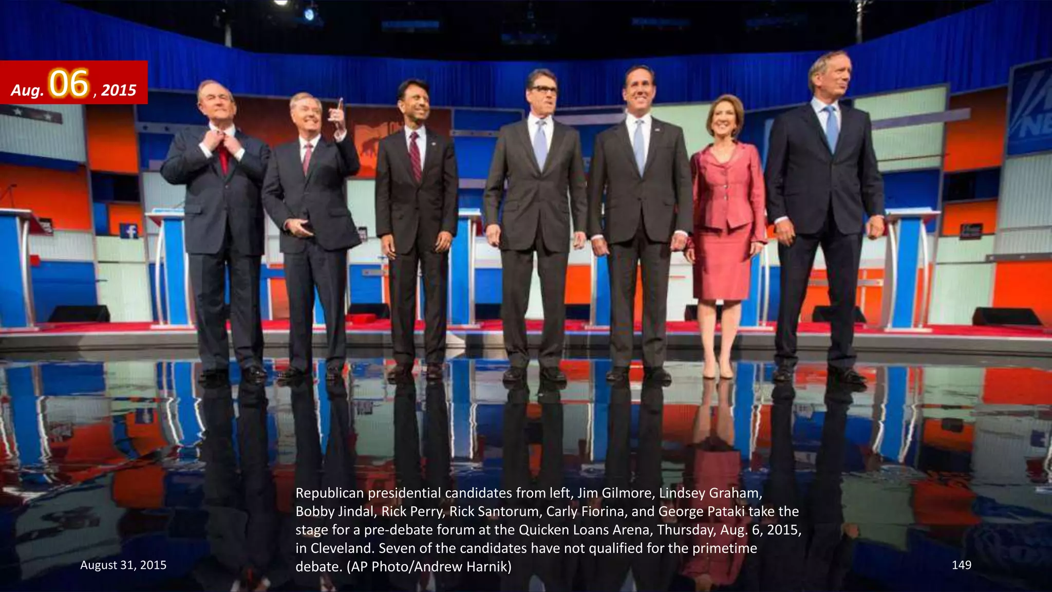 Republican presidential candidates from left, Jim Gilmore, Lindsey Graham,
Bobby Jindal, Rick Perry, Rick Santorum, Carly Fiorina, and George Pataki take the
stage for a pre-debate forum at the Quicken Loans Arena, Thursday, Aug. 6, 2015,
in Cleveland. Seven of the candidates have not qualified for the primetime
debate. (AP Photo/Andrew Harnik)
Aug. 06, 2015
August 31, 2015 149
 