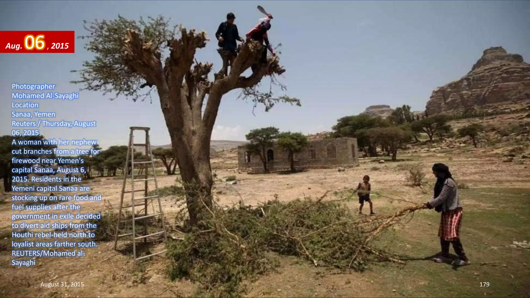 Photographer
Mohamed Al-Sayaghi
Location
Sanaa, Yemen
Reuters / Thursday, August
06, 2015
A woman with her nephew
cut branches from a tree for
firewood near Yemen's
capital Sanaa, August 6,
2015. Residents in the
Yemeni capital Sanaa are
stocking up on rare food and
fuel supplies after the
government in exile decided
to divert aid ships from the
Houthi rebel-held north to
loyalist areas farther south.
REUTERS/Mohamed al-
Sayaghi
Aug. 06, 2015
August 31, 2015 179
 