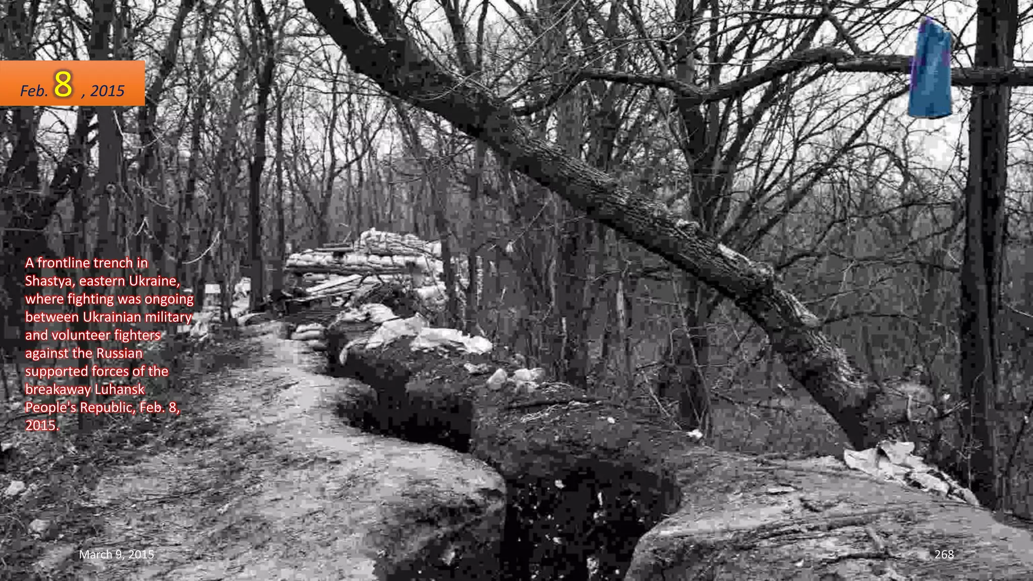 A frontline trench in
Shastya, eastern Ukraine,
where fighting was ongoing
between Ukrainian military
and volunteer fighters
against the Russian
supported forces of the
breakaway Luhansk
People's Republic, Feb. 8,
2015.
Feb. 8 , 2015
March 9, 2015 268
 