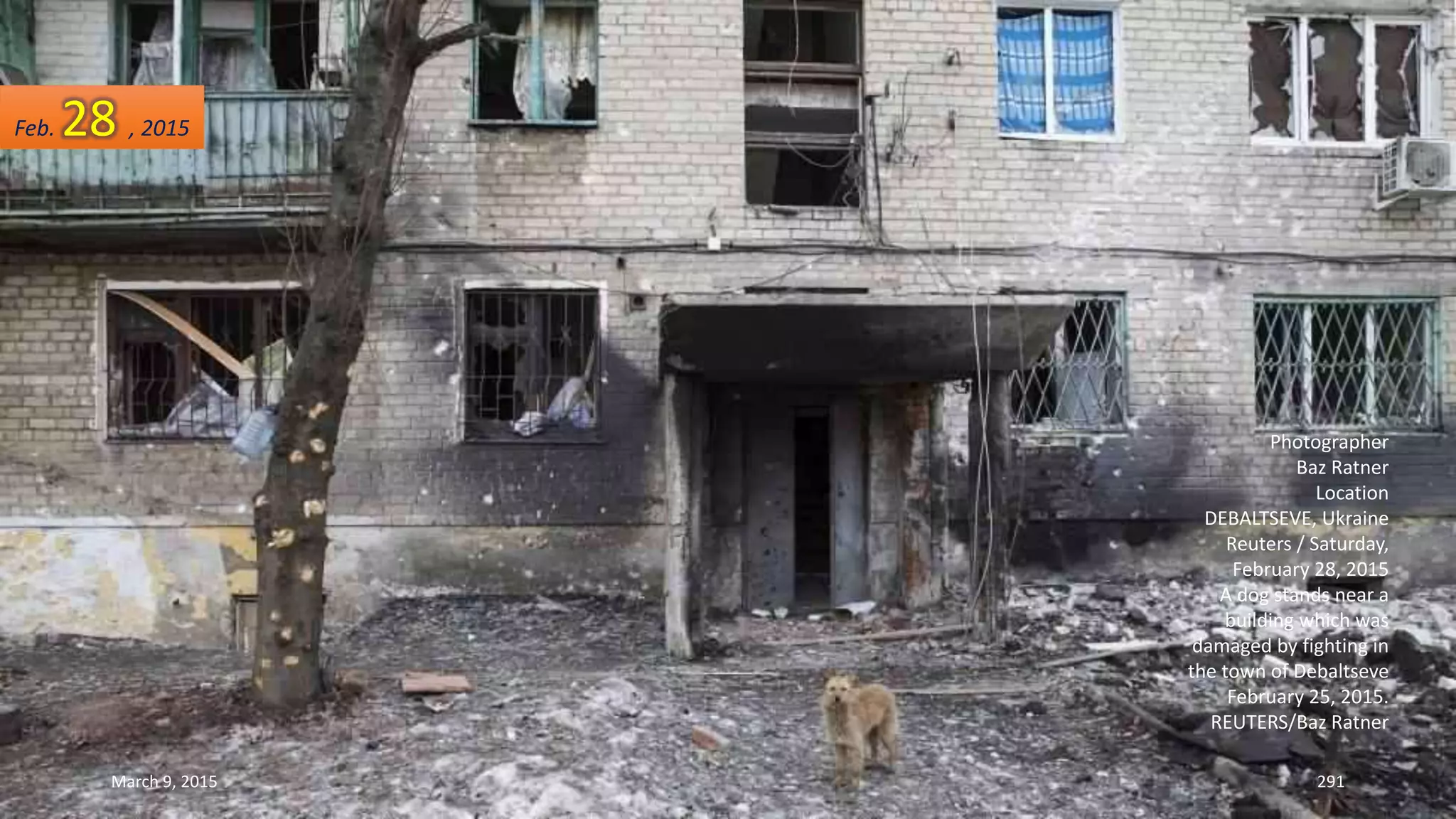 Photographer
Baz Ratner
Location
DEBALTSEVE, Ukraine
Reuters / Saturday,
February 28, 2015
A dog stands near a
building which was
damaged by fighting in
the town of Debaltseve
February 25, 2015.
REUTERS/Baz Ratner
Feb. 28 , 2015
March 9, 2015 291
 