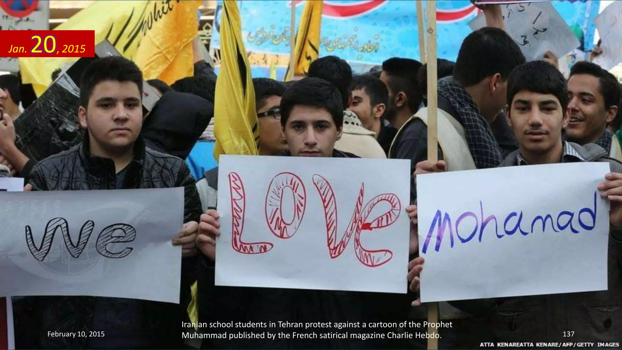 Iranian school students in Tehran protest against a cartoon of the Prophet
Muhammad published by the French satirical magazine Charlie Hebdo.
Jan. 20, 2015
February 10, 2015 137
 