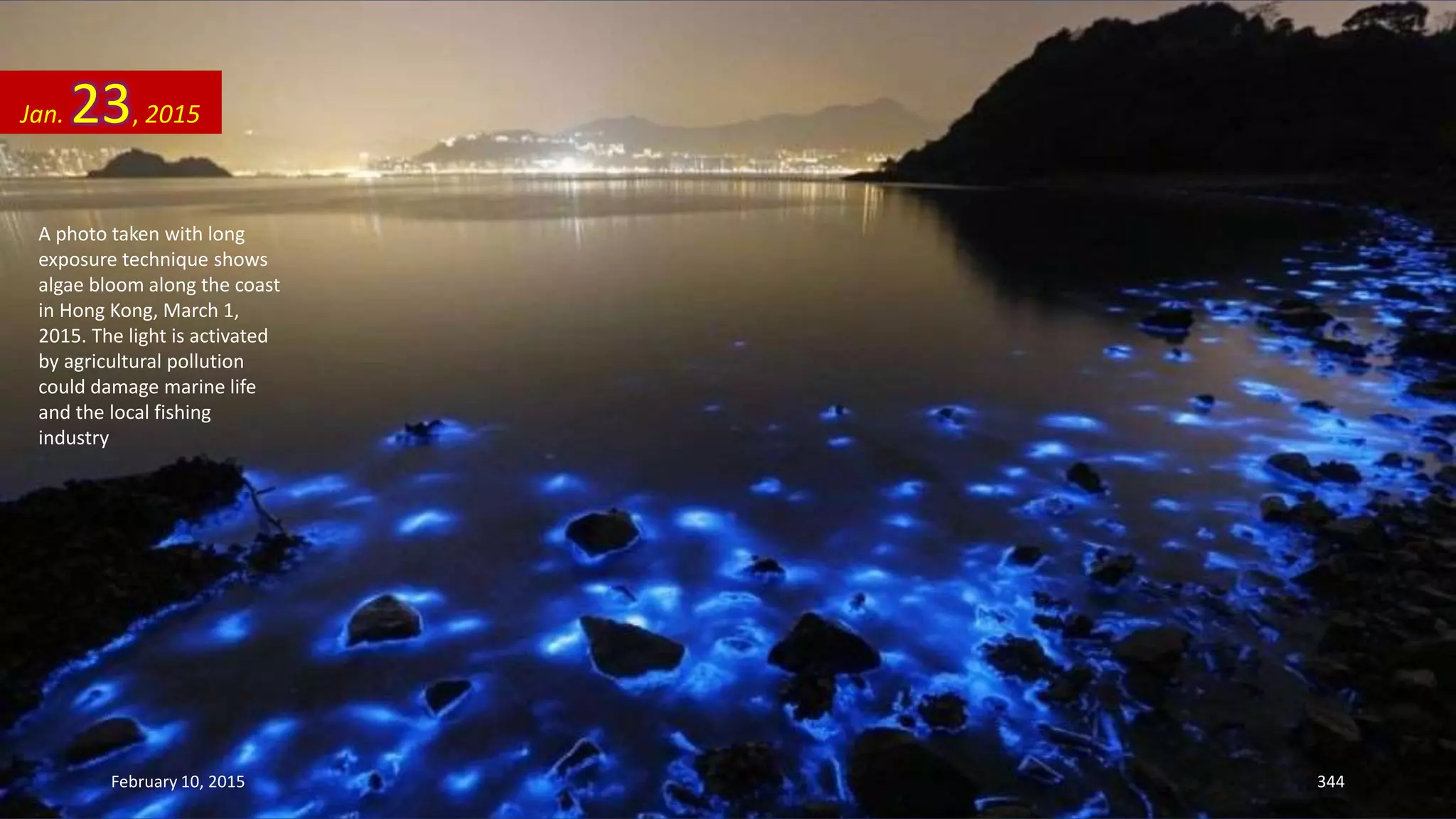 A photo taken with long
exposure technique shows
algae bloom along the coast
in Hong Kong, March 1,
2015. The light is activated
by agricultural pollution
could damage marine life
and the local fishing
industry
Jan. 23, 2015
February 10, 2015 344
 