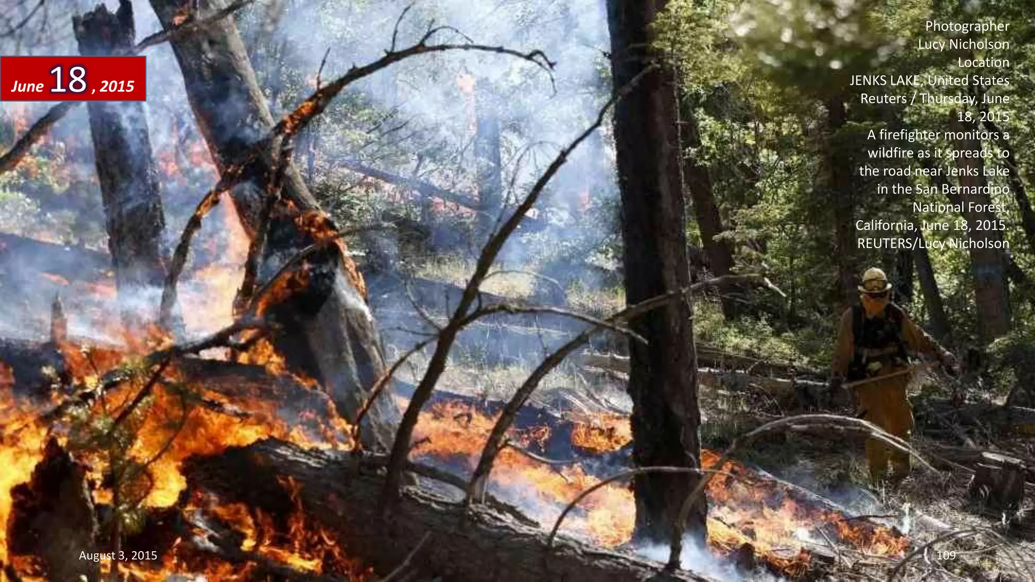 Photographer
Lucy Nicholson
Location
JENKS LAKE, United States
Reuters / Thursday, June
18, 2015
A firefighter monitors a
wildfire as it spreads to
the road near Jenks Lake
in the San Bernardino
National Forest,
California, June 18, 2015.
REUTERS/Lucy Nicholson
June 18, 2015
August 3, 2015 109
 