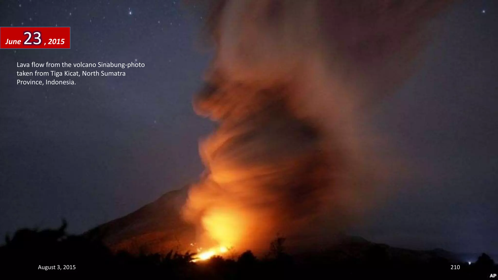Lava flow from the volcano Sinabung-photo
taken from Tiga Kicat, North Sumatra
Province, Indonesia.
June 23, 2015
August 3, 2015 210
 