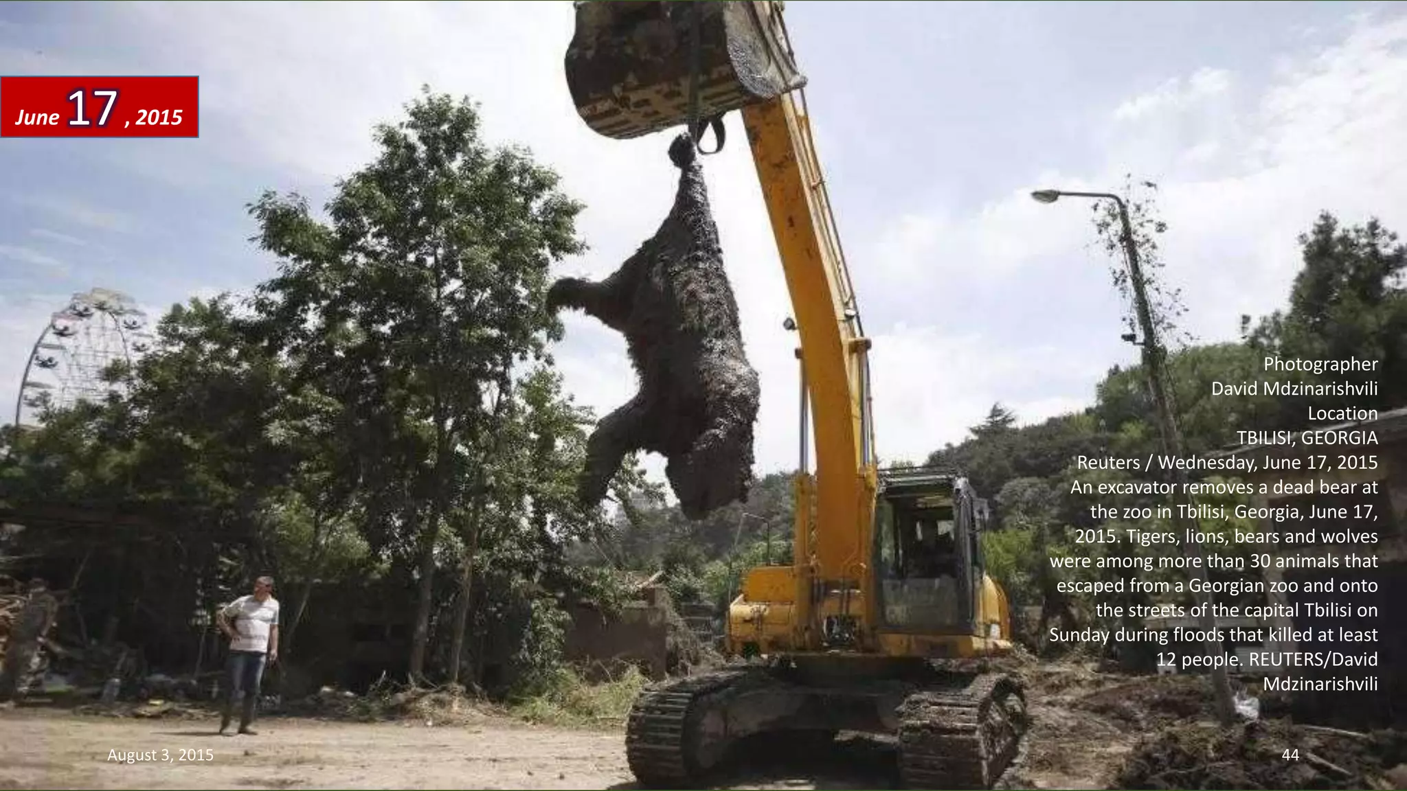 Photographer
David Mdzinarishvili
Location
TBILISI, GEORGIA
Reuters / Wednesday, June 17, 2015
An excavator removes a dead bear at
the zoo in Tbilisi, Georgia, June 17,
2015. Tigers, lions, bears and wolves
were among more than 30 animals that
escaped from a Georgian zoo and onto
the streets of the capital Tbilisi on
Sunday during floods that killed at least
12 people. REUTERS/David
Mdzinarishvili
June 17, 2015
August 3, 2015 44
 