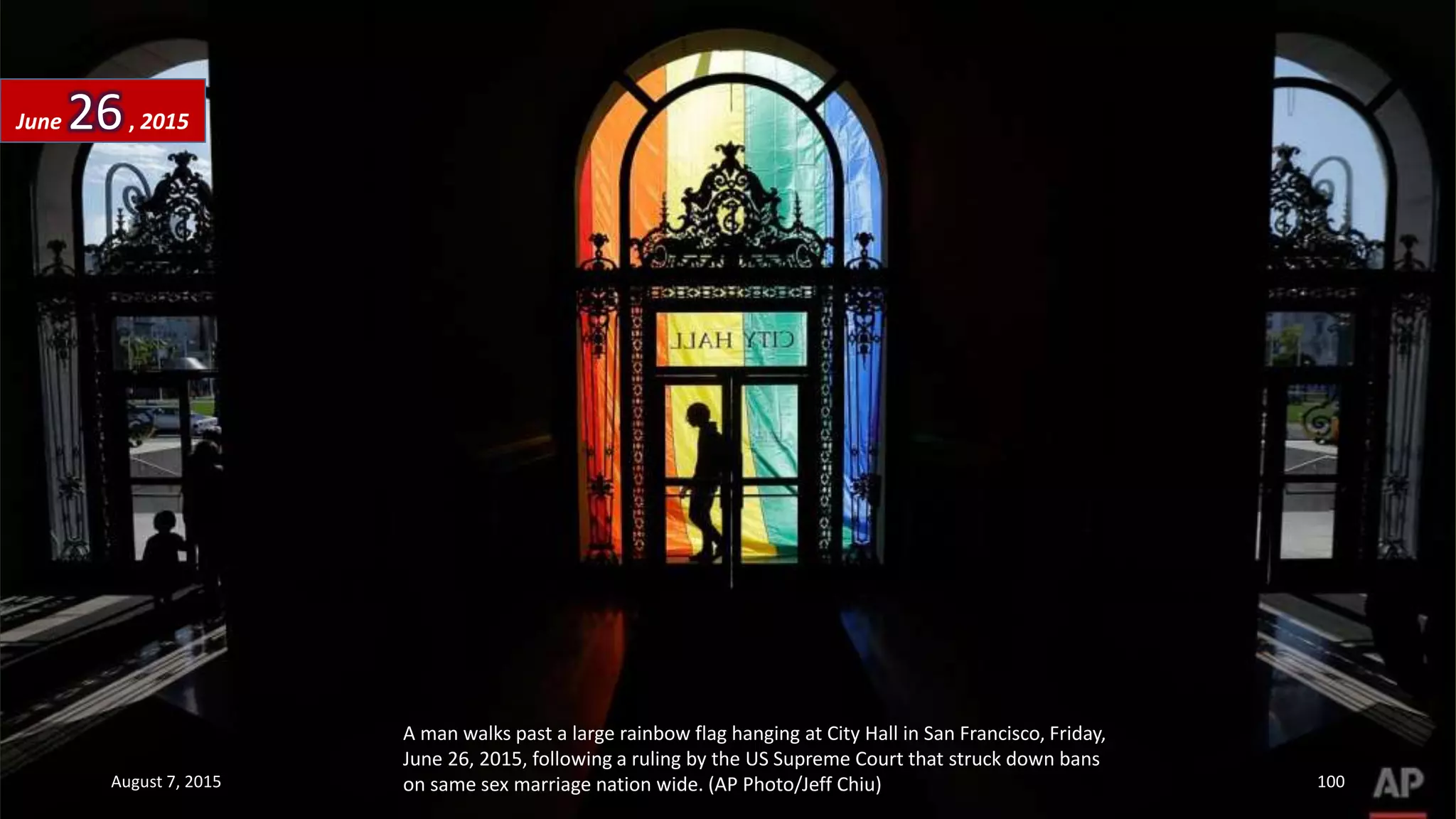 A man walks past a large rainbow flag hanging at City Hall in San Francisco, Friday,
June 26, 2015, following a ruling by the US Supreme Court that struck down bans
on same sex marriage nation wide. (AP Photo/Jeff Chiu)
June 26, 2015
August 7, 2015 100
 